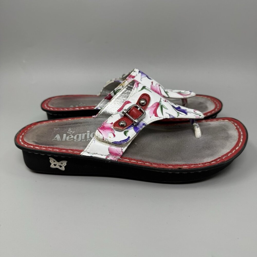 Alegria Vanessa White Pink Floral Slip On Thing Sandals Leather Womens Size 7